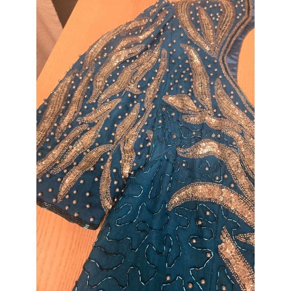 Vintage Silk Beaded Sequin Maxi Dress Teal Gold Keyhole Back Evening Gown Size L - Picture 4 of 13